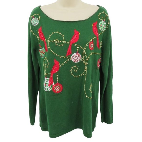 Jack B Quick Women Medium Green Cardinal Ornament Beaded Embroidered Shirt Top - Picture 1 of 12